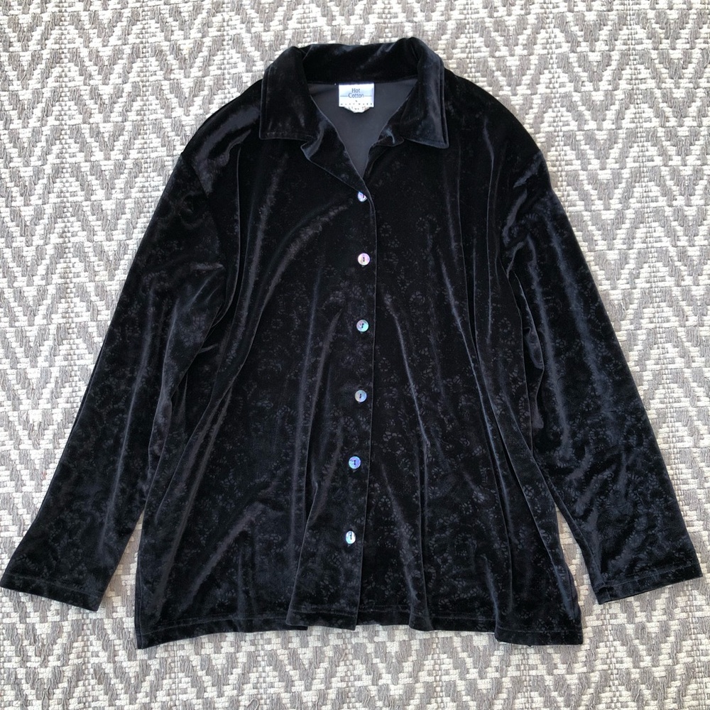 Hot Cotton by MarcWare womens XL black velvet button front long sleeve collar